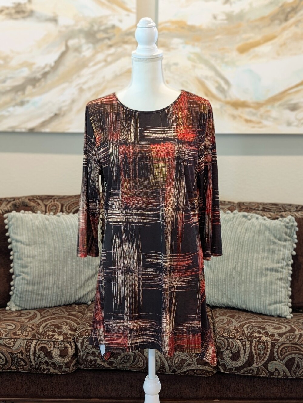 Abstract Brushstroke Tunic Top - Brown with Orange  & Tan Accents